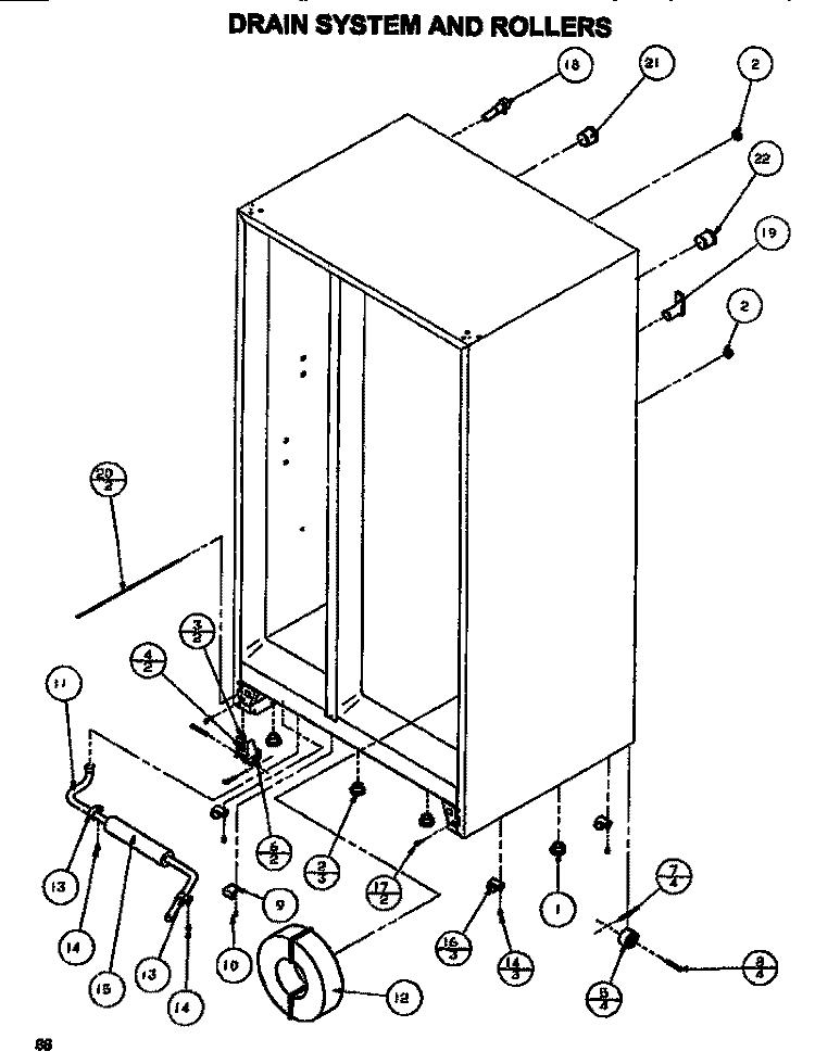 DRAIN SYSTEM & ROLLERS Diagram and Parts List for SXDE528MW P1173401W Amana Refrigerator
