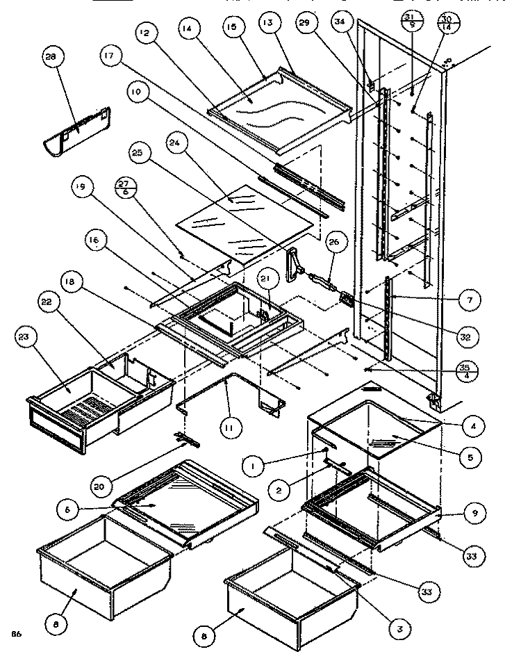 SHELVING & DRAWERS (REF) Diagram and Parts List for SXDE522M P1164002W Amana Refrigerator
