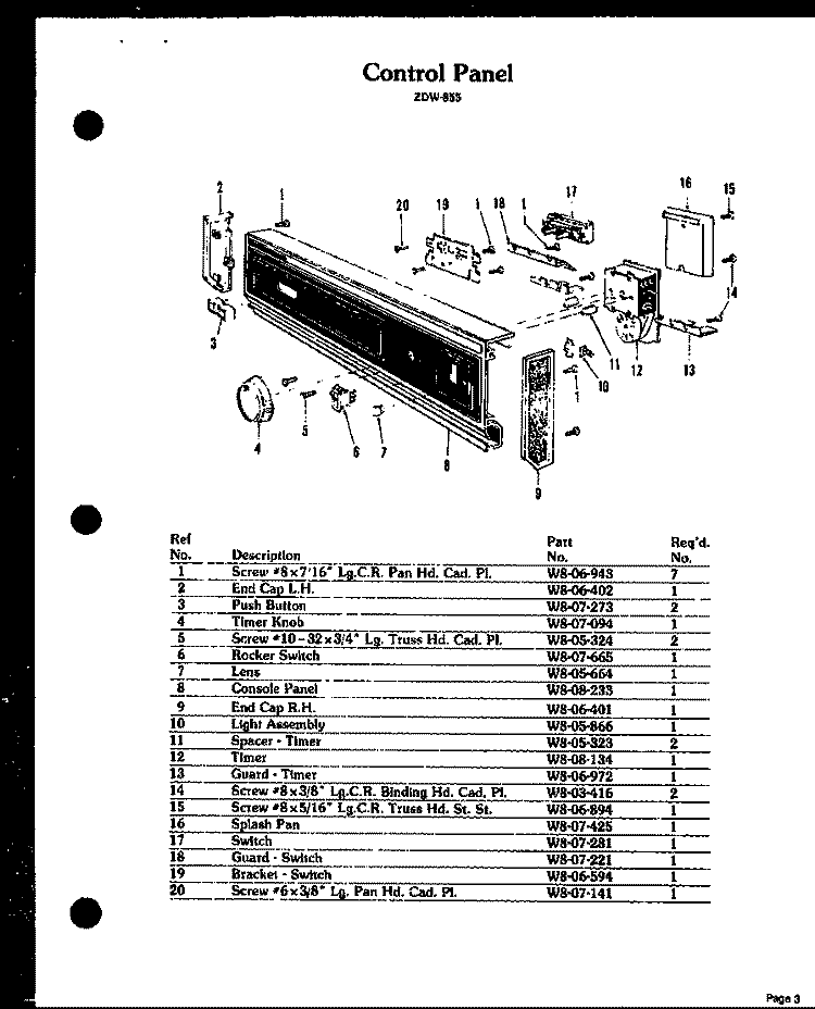CONTROL PANEL Diagram and Parts List for ZDW-855  Amana Dishwasher