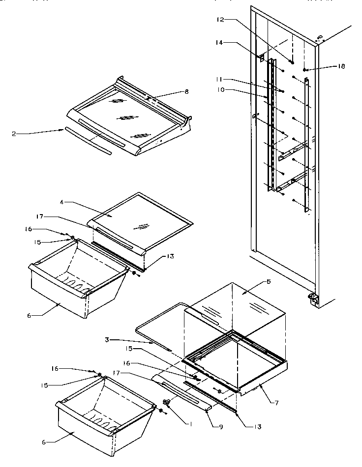 Shelving & Drawers Diagram and Parts List for SZD25S5W-P1190415WW  Amana Refrigerator