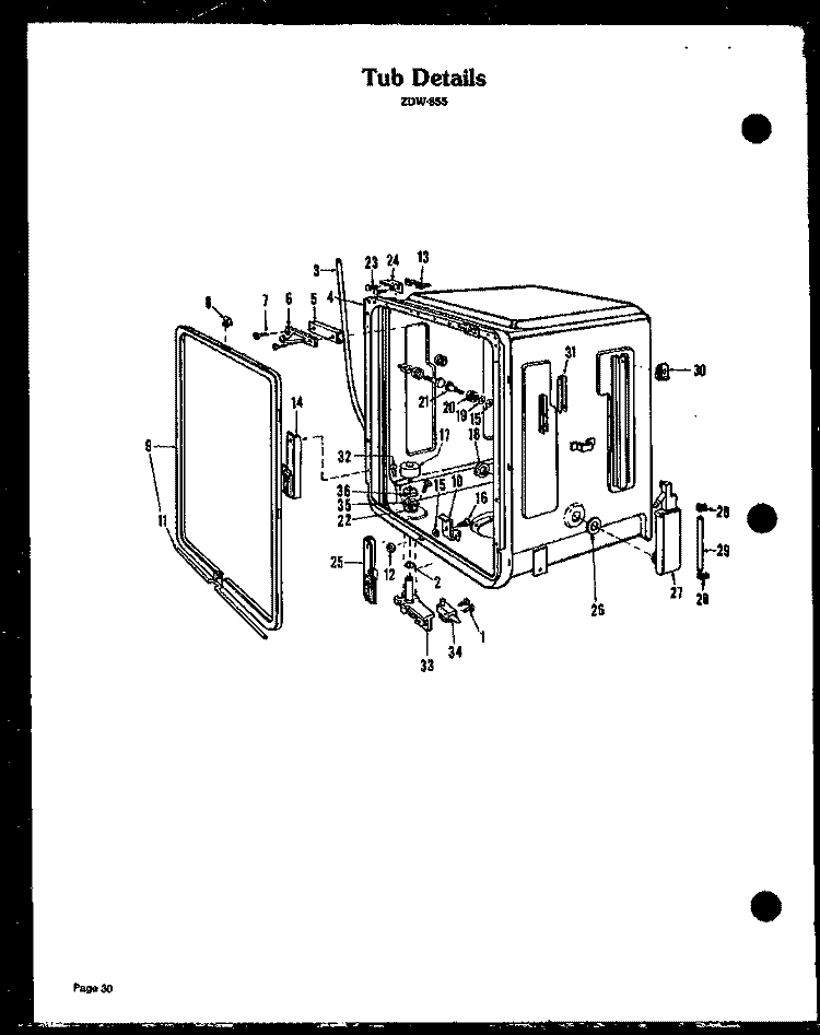 TUB DETAILS Diagram and Parts List for ZDW-855  Amana Dishwasher