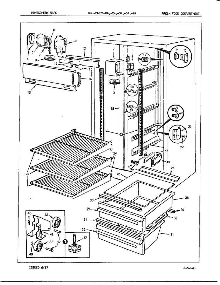 Fresh Food Compartment Diagram and Parts List for 21674A  Admiral Refrigerator