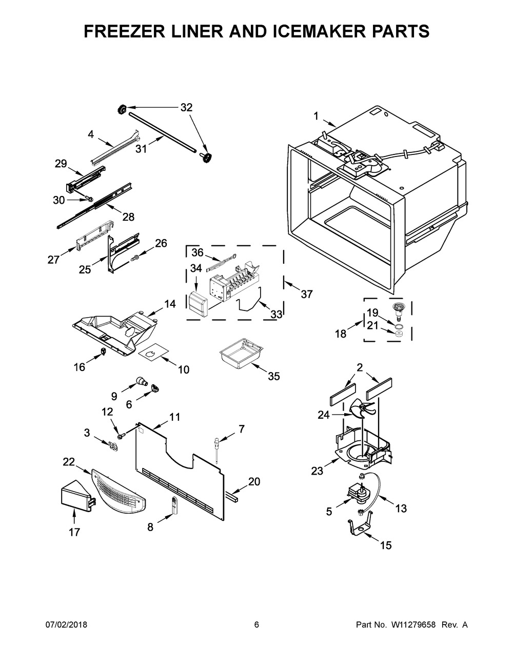 Freezer Liner And Icemaker Parts Diagram and Parts List for MFF2558FEZ02  Maytag Refrigerator