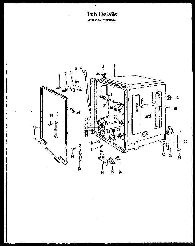 TUB DETAIL Diagram and Parts List for ZDW-860A  Amana Dishwasher