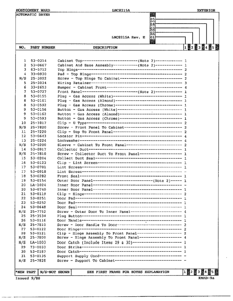 Gas Dryer Exterior Assembly Page 4 Diagram and Parts List for 8215A REV A Norge Dryer