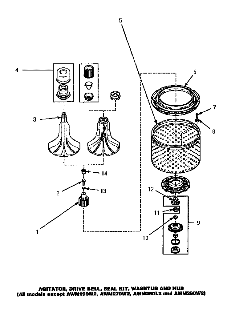 AGITATOR / DRIVE BELL / SEAL KIT / TUB & HUB Diagram and Parts List for AWM373W2  Amana Washer