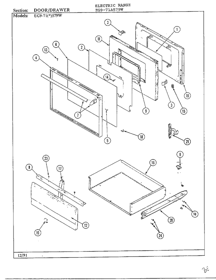 Door/drawer Diagram and Parts List for EG9-71(*)579W  Hardwick Range