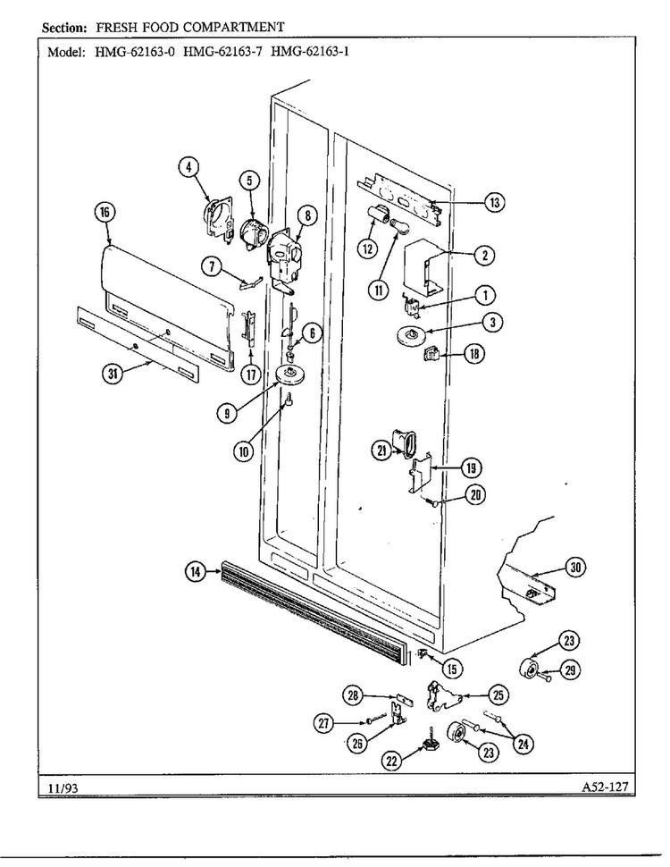 Fresh Food Compartment Diagram and Parts List for 62163-0A  Admiral Refrigerator