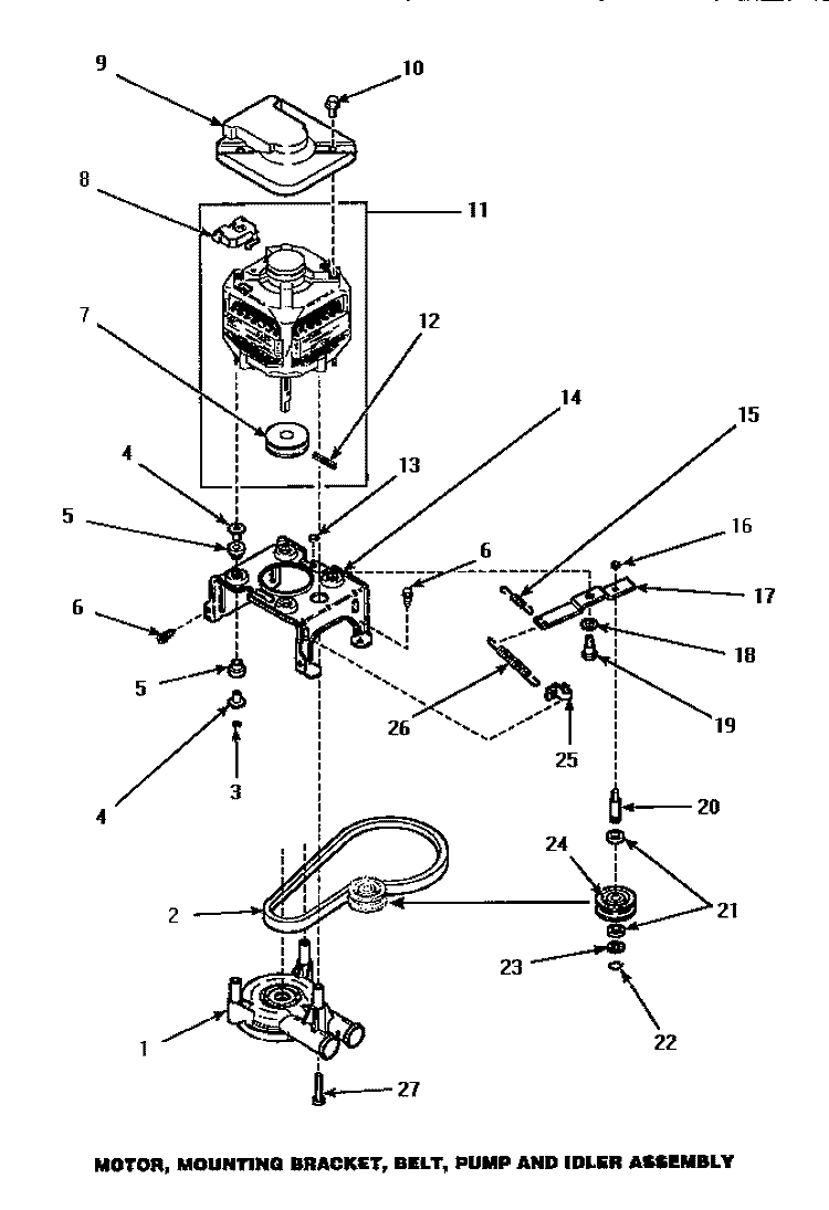 MOTOR, MTG BRKT, BELT, PUMP & IDLER ASSY Diagram and Parts List for AWM573W2  Amana Washer