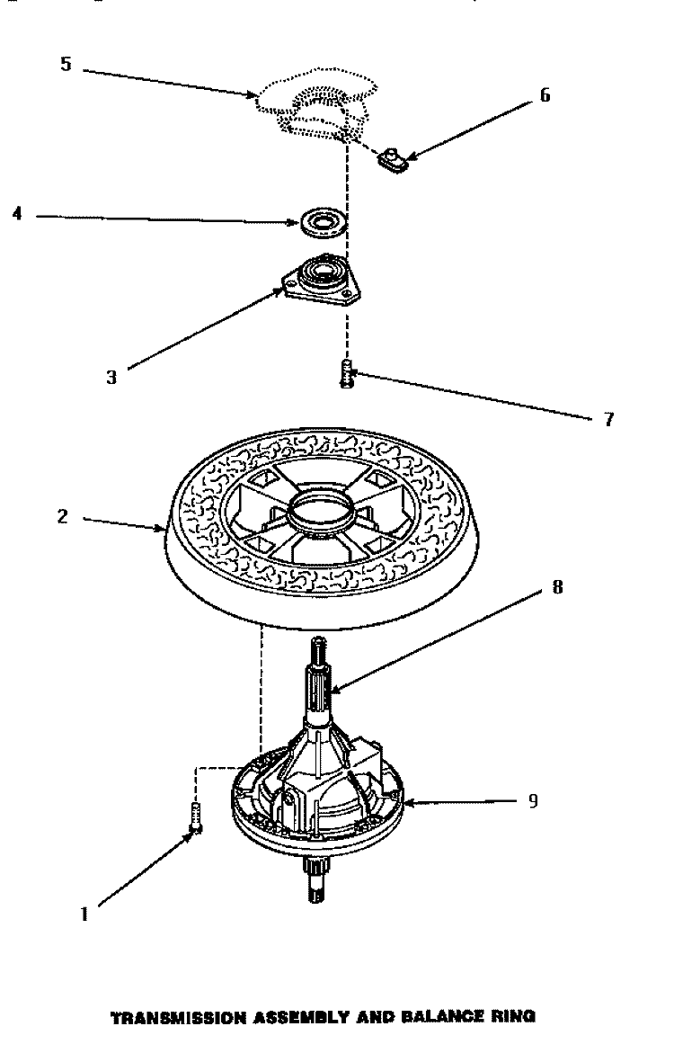 TRANSMISSION ASSY & BALANCE RING Diagram and Parts List for AWM573W2  Amana Washer