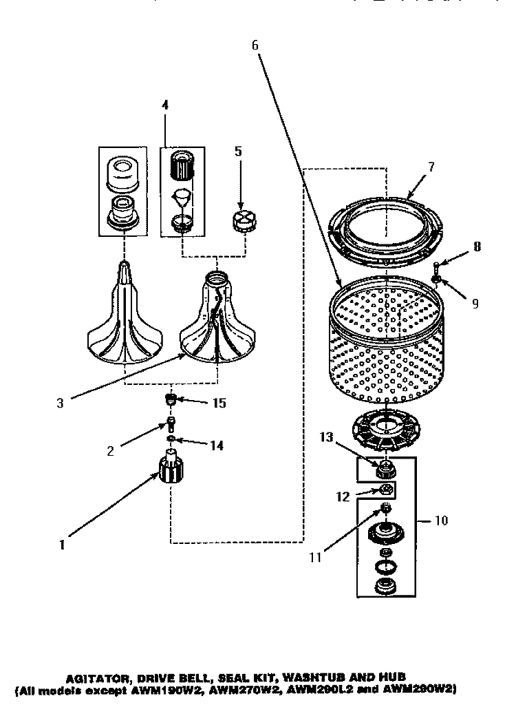 AGITATOR / DRIVE BELL / SEAL KIT / TUB & HUB Diagram and Parts List for AWM593L2  Amana Washer