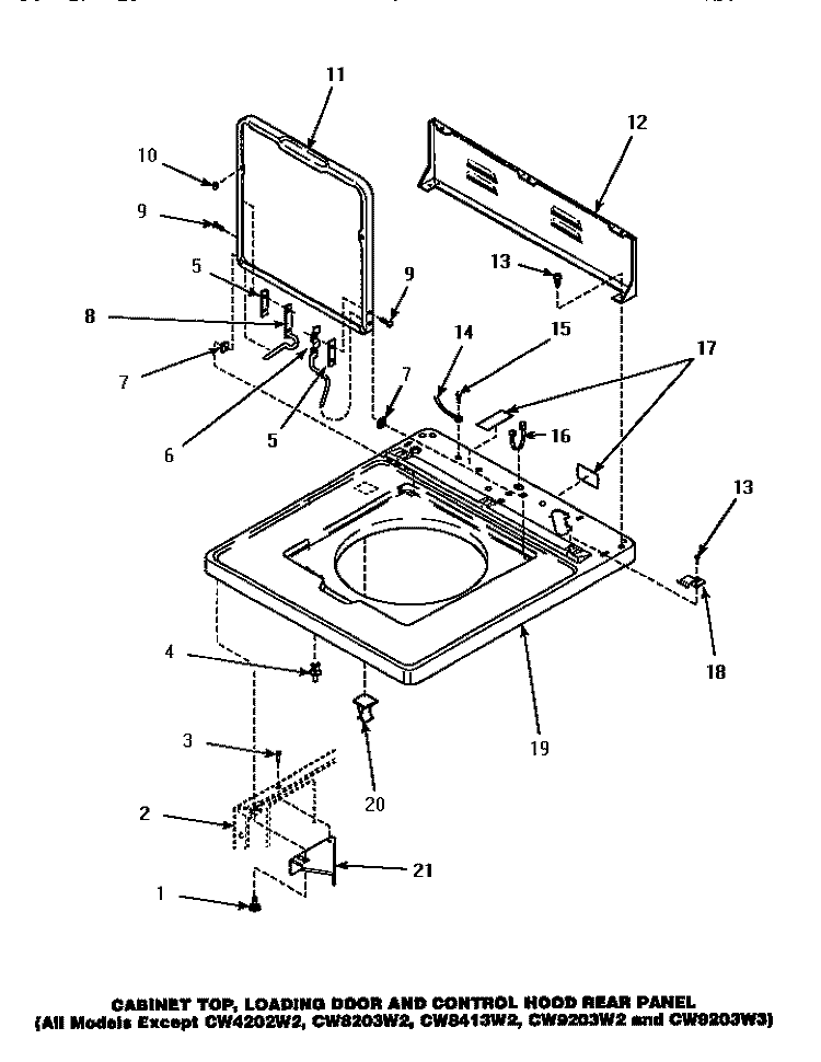 CAB TOP / LOADING DR & CTRL HOOD REAR PAN Diagram and Parts List for LW6101WB PLW6101WB A Amana Washer