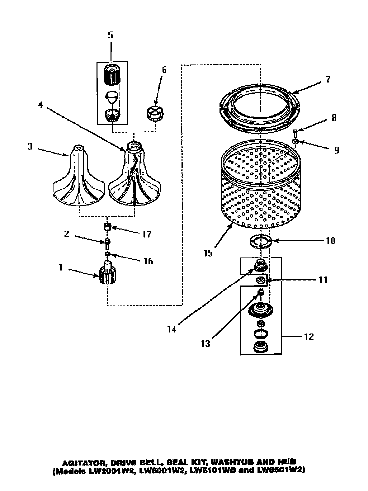 AGITATOR / DRIVE BELL / SEAL KIT / TUB & HUB Diagram and Parts List for LW6101WB PLW6101WB A Amana Washer