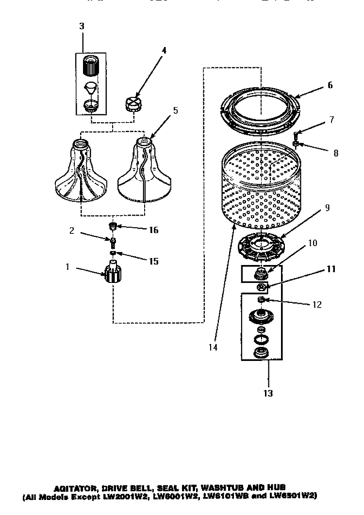 AGITATOR / DRIVE BELL / SEAL KIT / TUB & HUB Diagram and Parts List for LW6163LM PLW6163LM A Amana Washer