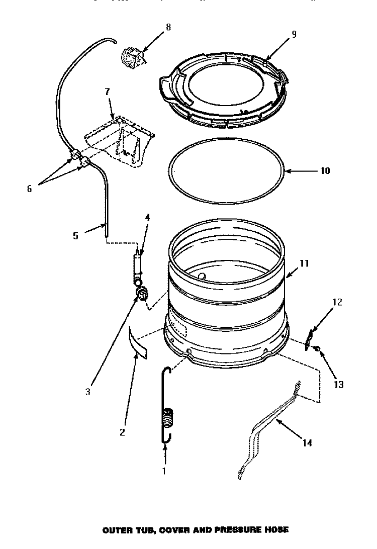 OUTER TUB, COVER & PRESSURE HOSE Diagram and Parts List for LW6163LM PLW6163LM A Amana Washer