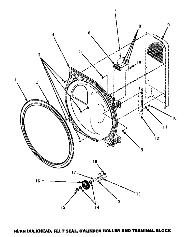 BULKHEAD / FELT SEAL / CYL ROLLER & TERM BLK Diagram and Parts List for AEM427W2  Amana Dryer