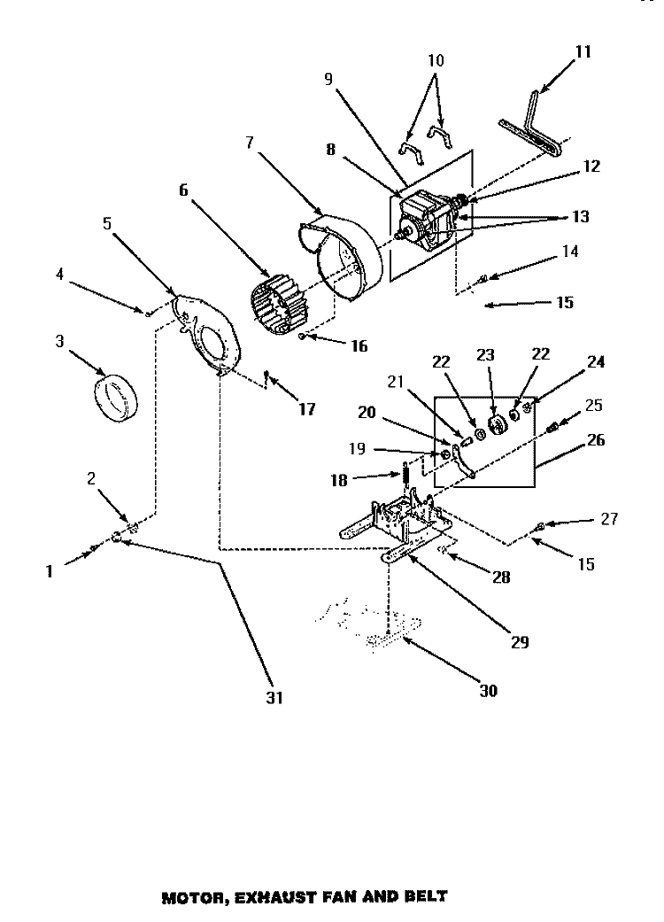 MOTOR, EXHAUST FAN & BELT Diagram and Parts List for AGM429W2  Amana Dryer