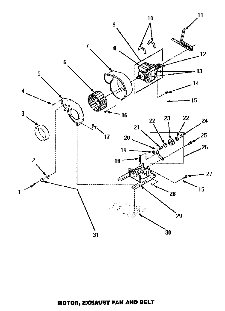 MOTOR, EXHAUST FAN & BELT Diagram and Parts List for AGM479W2  Amana Dryer