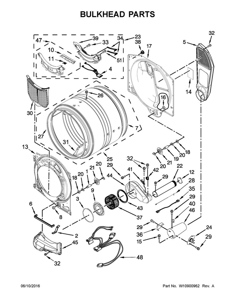 Bulkhead Parts Diagram and Parts List for NGD5800DW1  Amana Dryer