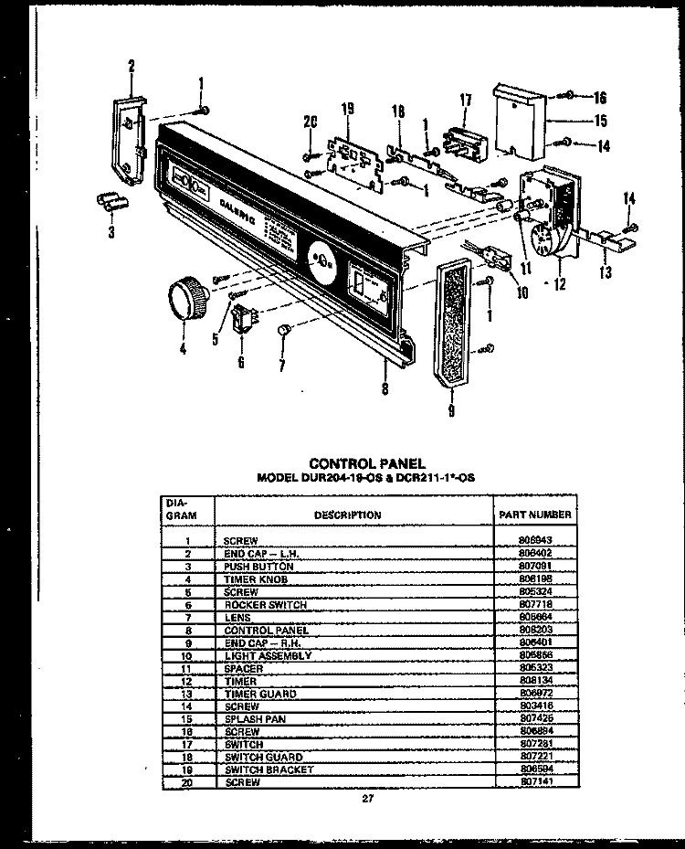 CONTROL PANEL Diagram and Parts List for DCR21101NOS  Amana Dishwasher