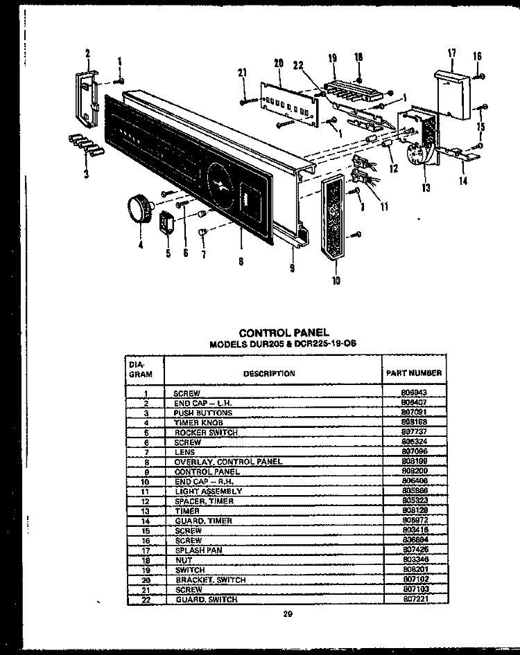 CONTROL PANEL Diagram and Parts List for DUR20519-OS  Amana Dishwasher