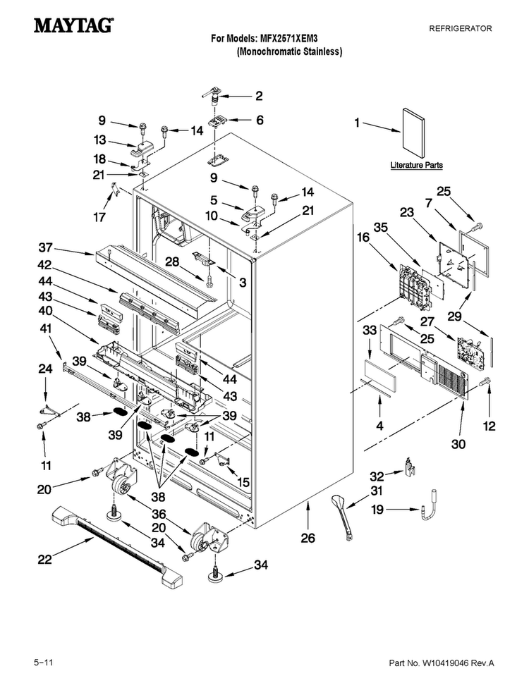 Cabinet Parts Diagram and Parts List for MFX2571XEM3  Maytag Refrigerator