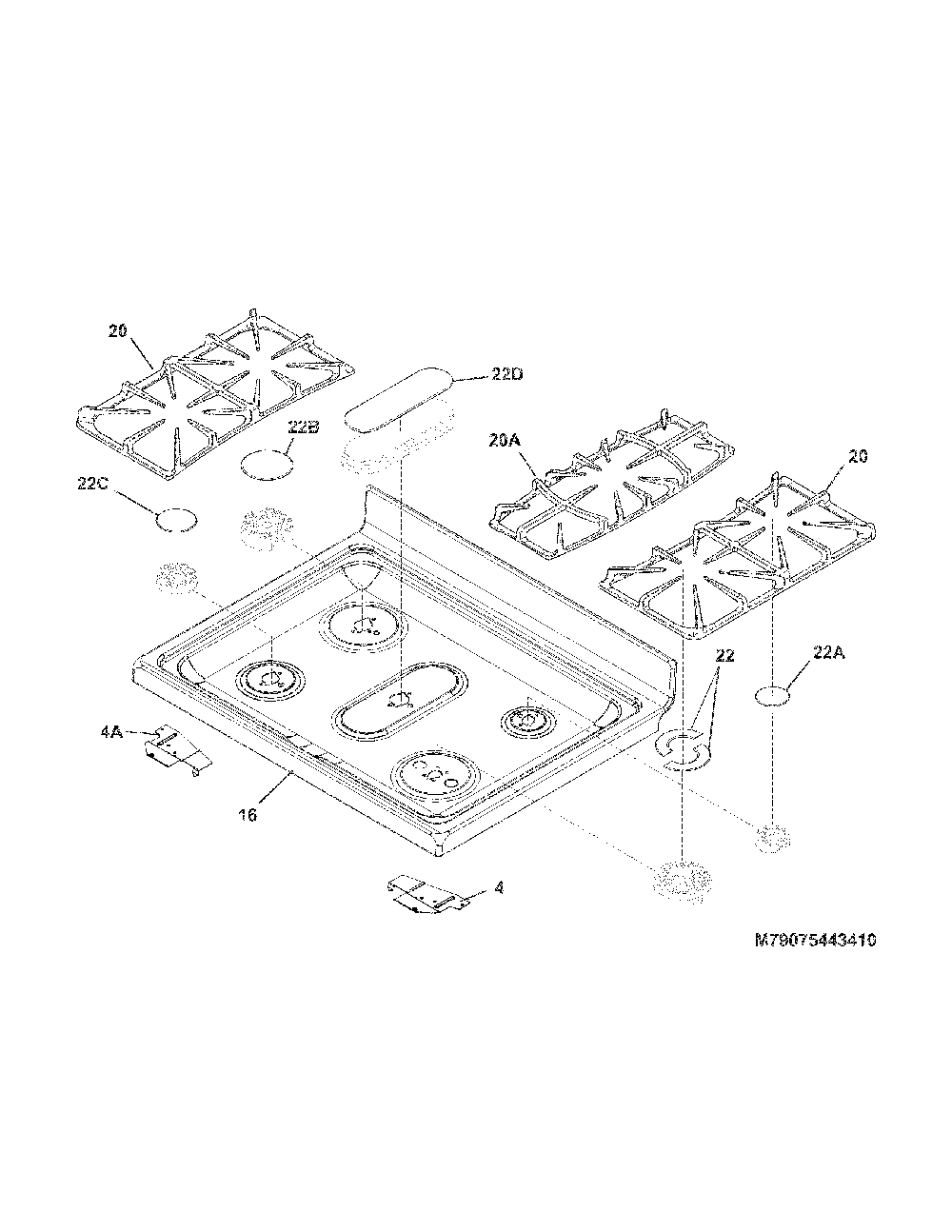 Main Top Diagram and Parts List for 79075422410  Kenmore Range