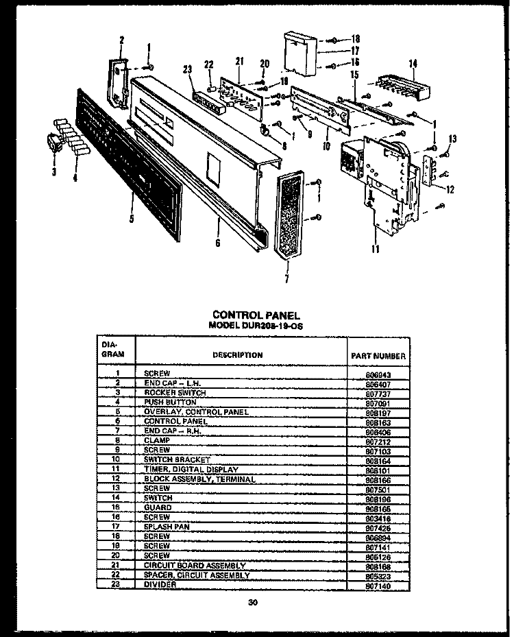 CONTROL PANEL Diagram and Parts List for DUR20819-OS  Amana Dishwasher