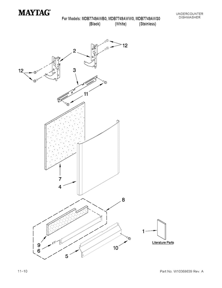 Door And Panel Parts Diagram and Parts List for MDB7749AWW0  Maytag Dishwasher