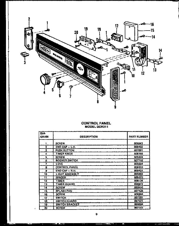 CONTROL PANEL Diagram and Parts List for DCR211  Caloric Dishwasher