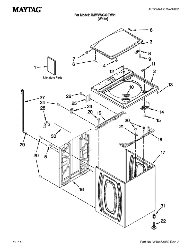 Top And Cabinet Parts Diagram and Parts List for 7MMVWC300YW1  Maytag Washer