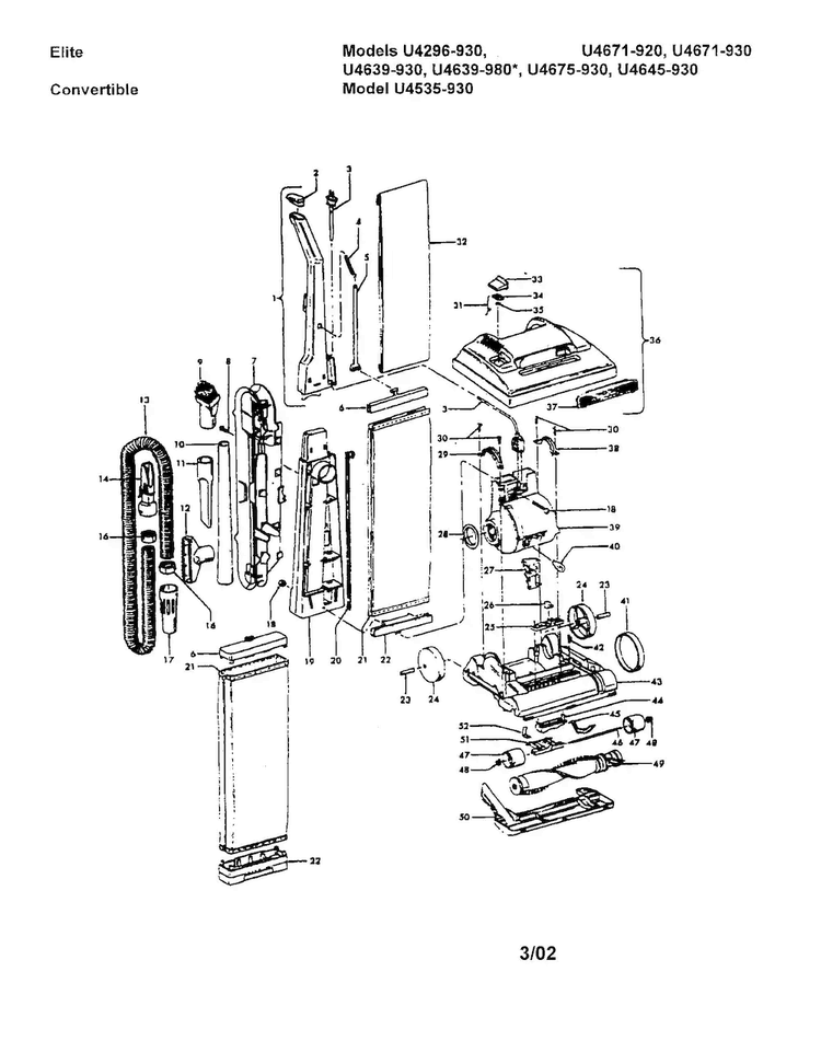 Vacuum Assembly Diagram and Parts List for U4675-930  Hoover Upright Vacuum