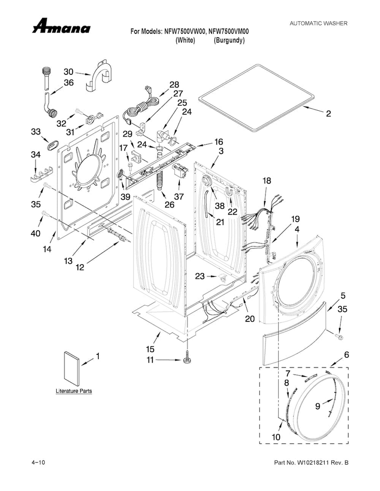 Top And Cabinet Parts Diagram and Parts List for NFW7500VW00  Amana Washer