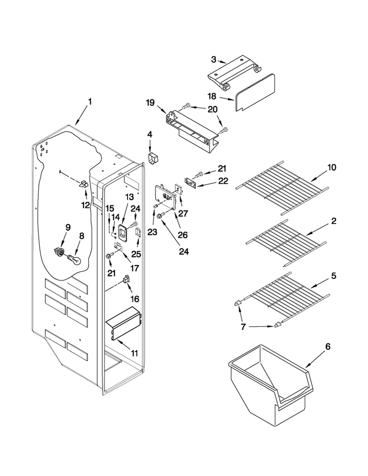 Freezer Liner Parts Diagram and Parts List for MSF22C2EXM01  Maytag Refrigerator