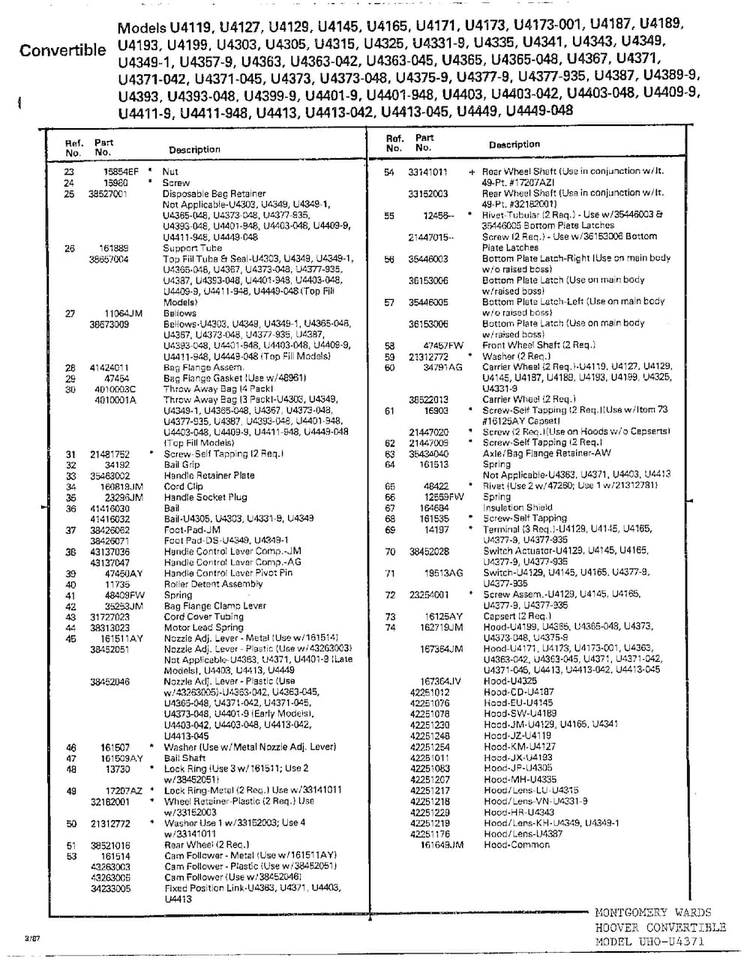 Hoover Convertible Vacuum Assembly Diagram and Parts List for U4119  Hoover Upright Vacuum