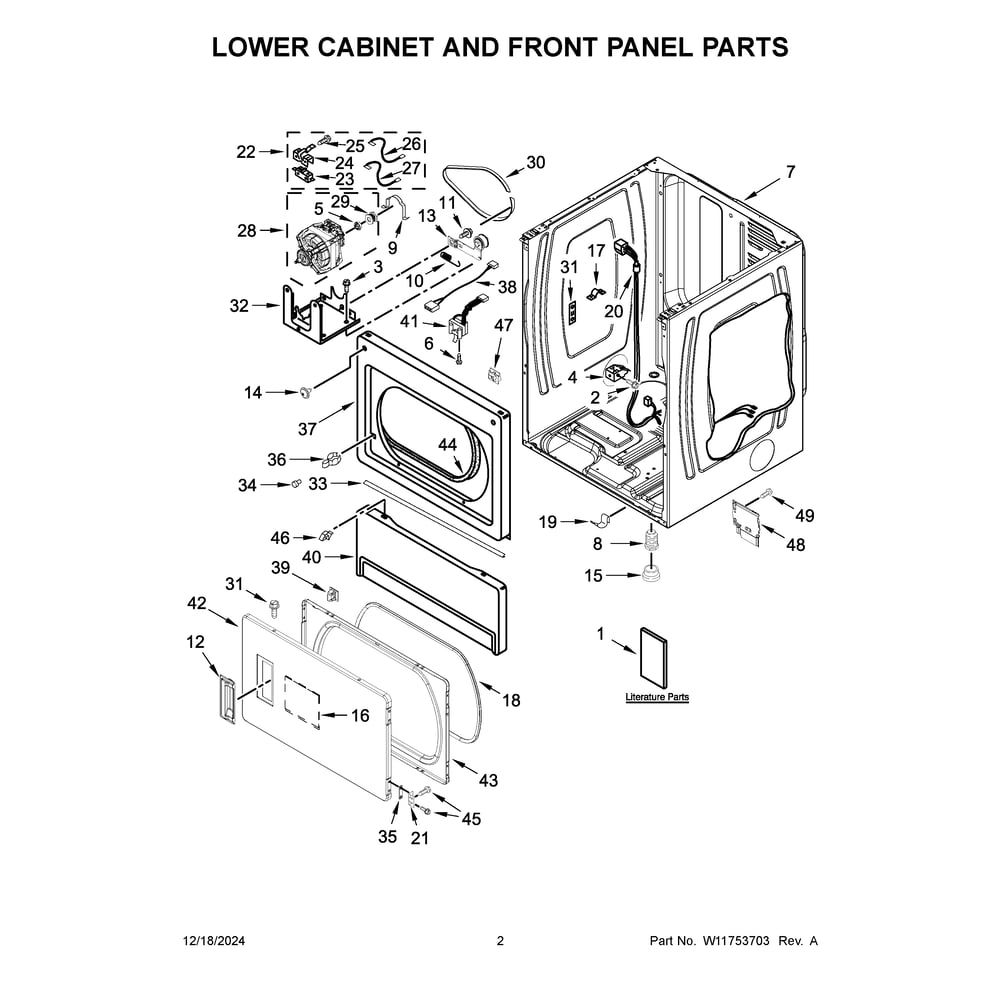 Lower Cabinet And Front Panel Parts Diagram and Parts List for MLE26PRFZW0  Maytag Dryer