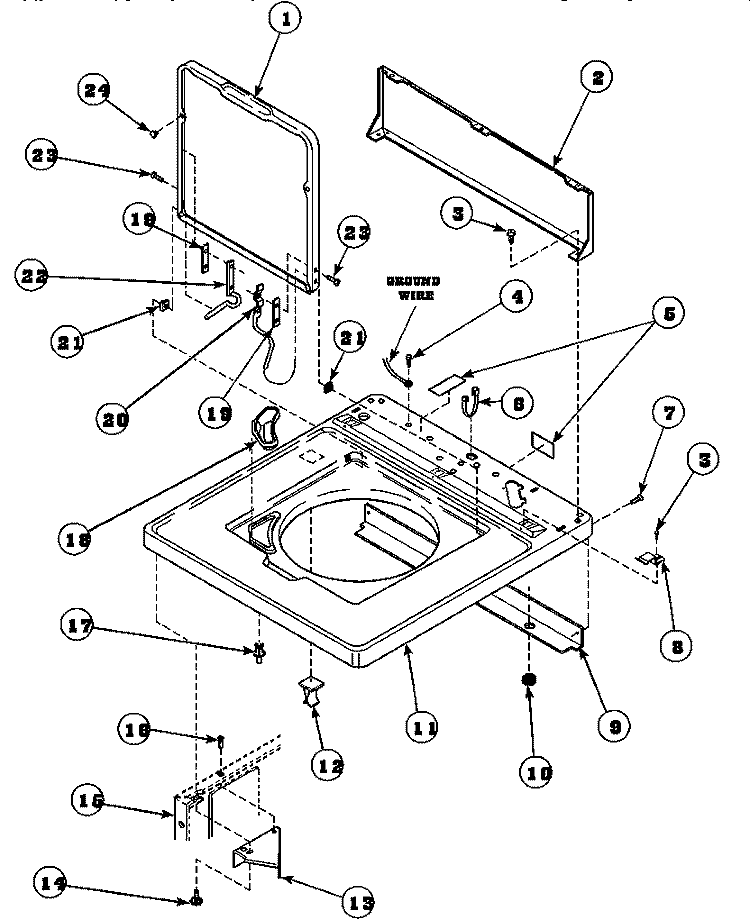 CAB TOP / LOADING DR & CTRL HOOD REAR PAN Diagram and Parts List for LW6163WM PLW6163WM B Amana Washer