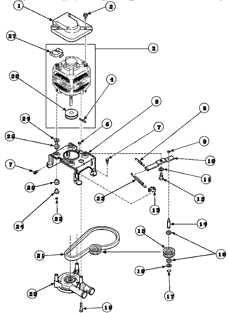 MOTOR, MTG BRKT, BELT, PUMP & IDLER ASSY Diagram and Parts List for LW6163WM PLW6163WM B Amana Washer