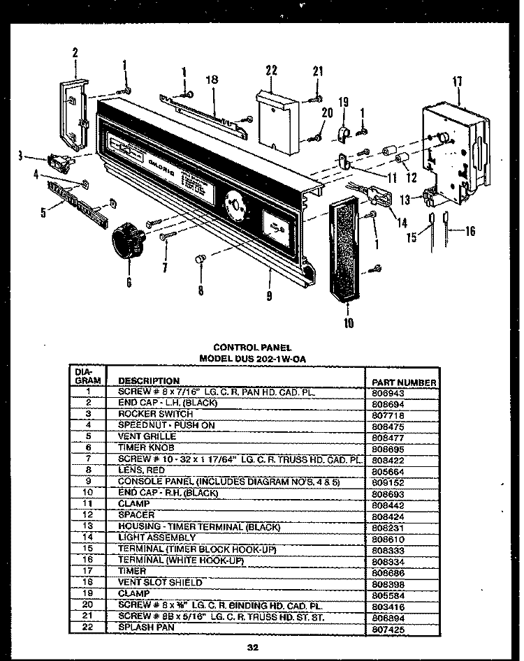 CONTROL PANEL Diagram and Parts List for DUS2021W-0A DUS20201W-0 Amana Dishwasher