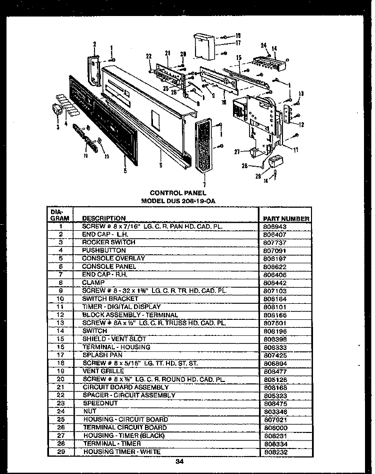 CONTROL PANEL Diagram and Parts List for DUS20819-OA  Amana Dishwasher