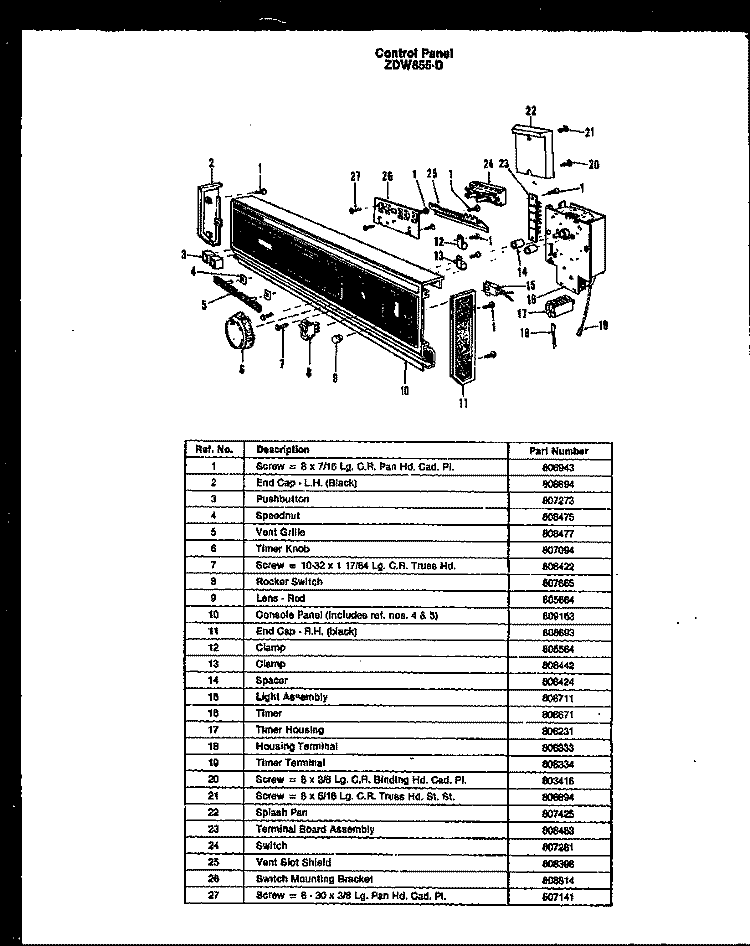 CONTROL PANEL Diagram and Parts List for ZDW-855-D  Amana Dishwasher