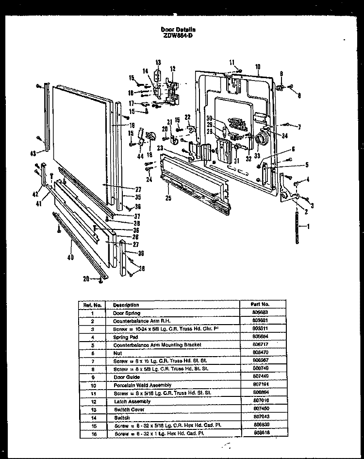DOOR DETAILS Diagram and Parts List for ZDW-864-D  Amana Dishwasher
