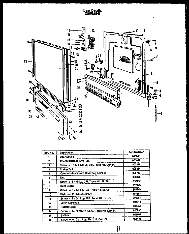 DOOR DETAILS Diagram and Parts List for ZDW-855-D  Amana Dishwasher