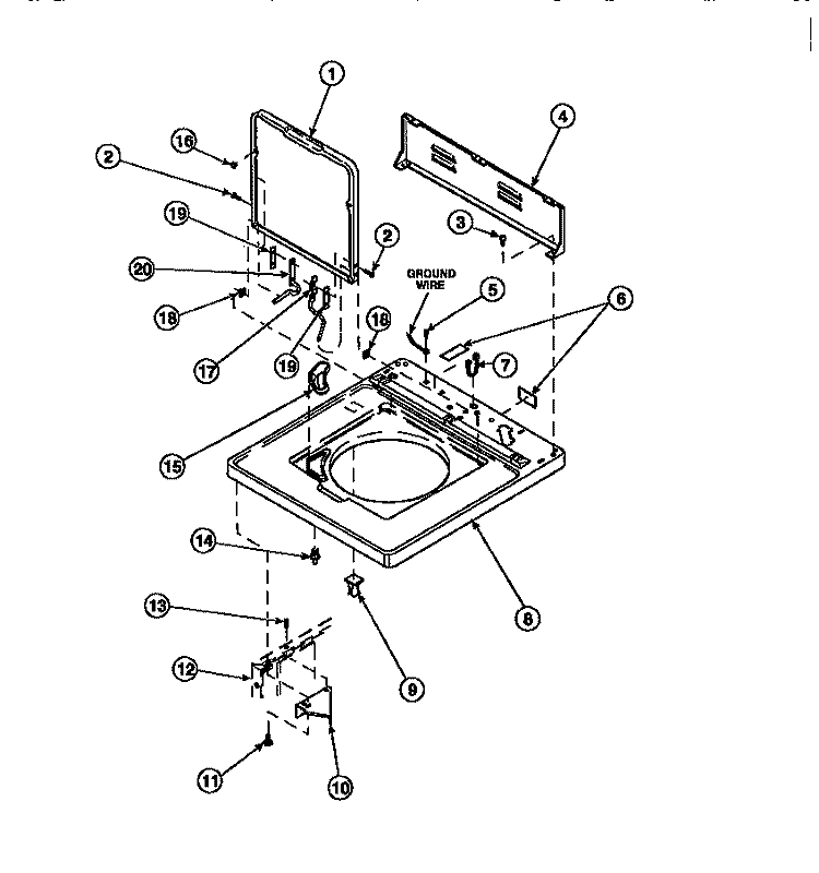 CAB TOP / LOADING DR & CTRL HOOD REAR PAN Diagram and Parts List for AWM270W2 PAWM270W2 Amana Washer
