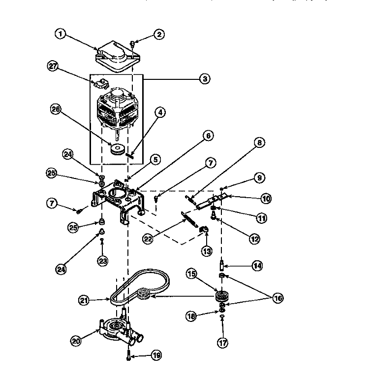 MOTOR, MTG BRKT, BELT, PUMP & IDLER ASSY Diagram and Parts List for LW6123LM PLW6123LM B Amana Washer