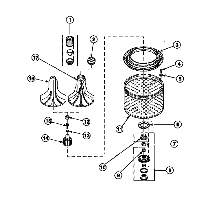 AGITATOR / DRIVE BELL / SEAL KIT / TUB & HUB Diagram and Parts List for LW6123LM PLW6123LM B Amana Washer