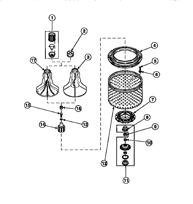 AGITATOR / DRIVE BELL / SEAL KIT / TUB & HUB Diagram and Parts List for LW6123LM PLW6123LM B Amana Washer