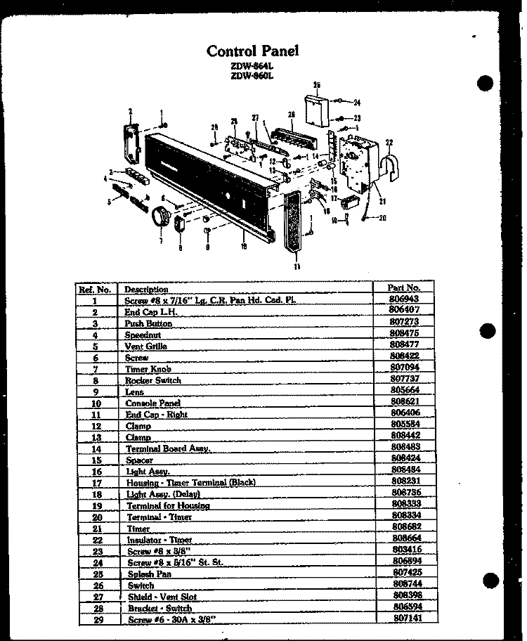 CONTROL PANEL Diagram and Parts List for ZDW-864L  Amana Dishwasher