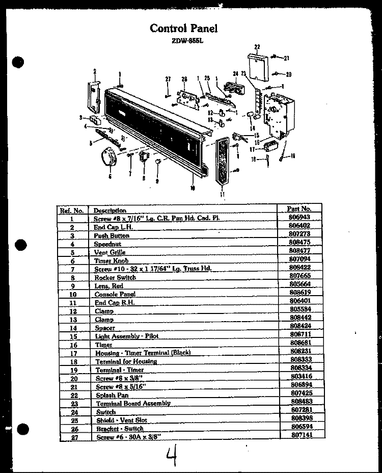 CONTROL PANEL Diagram and Parts List for ZDW-855L  Amana Dishwasher
