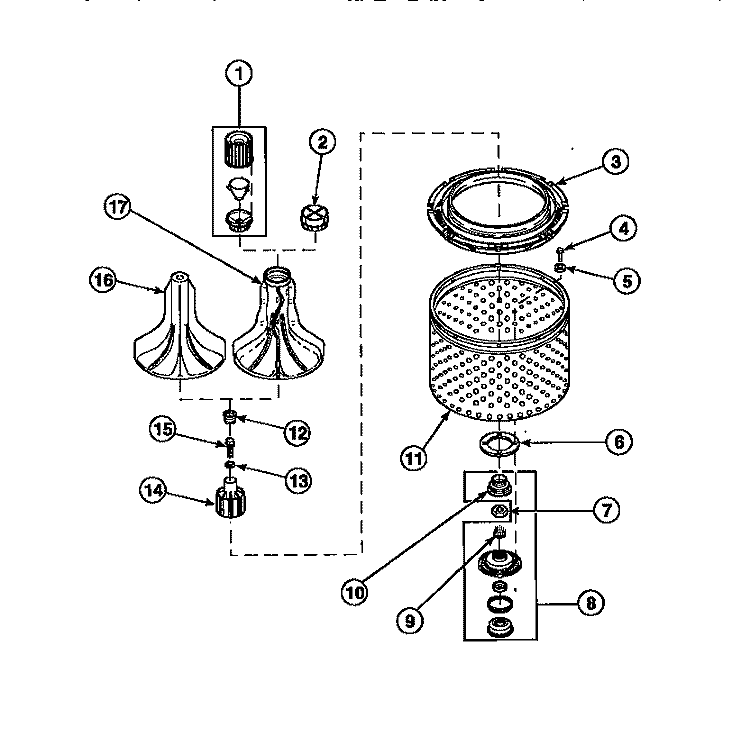 AGITATOR / DRIVE BELL / SEAL KIT / TUB & HUB Diagram and Parts List for LW9203L2 PLW9203L2 B Amana Washer